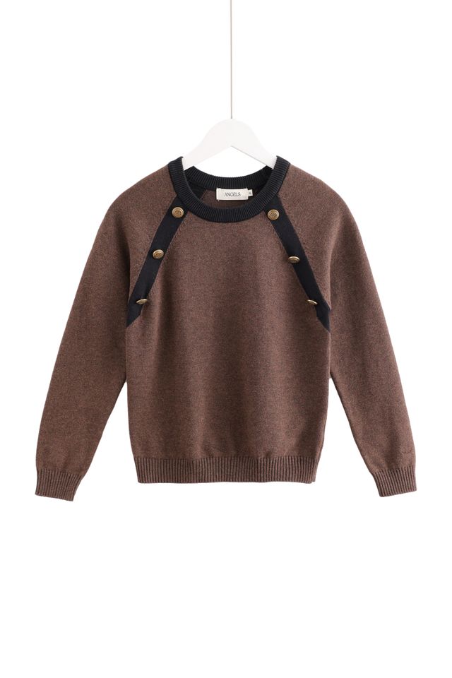 Mocha & White Button-Combination Sweater