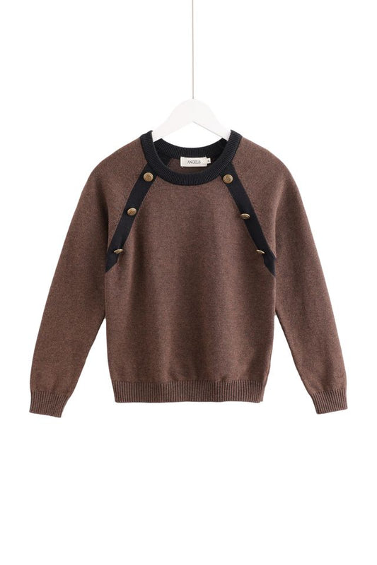 Mocha & White Button-Combination Sweater