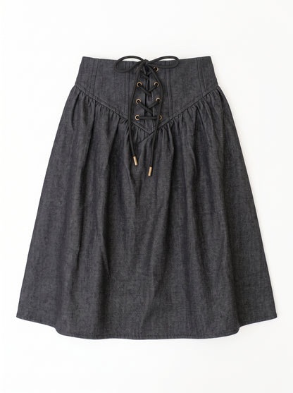 Lace-Up Denim Skirt - Black