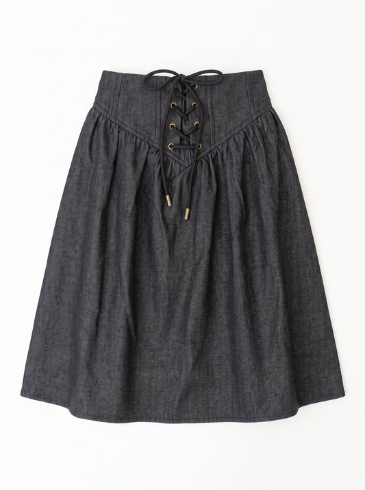 Lace-Up Denim Skirt - Black