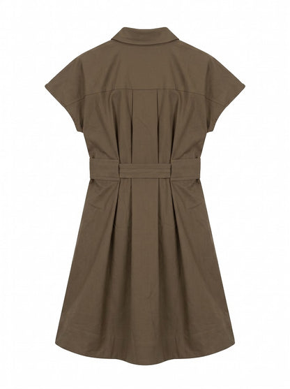 Cotton Cap-Sleeves Dress - Brown