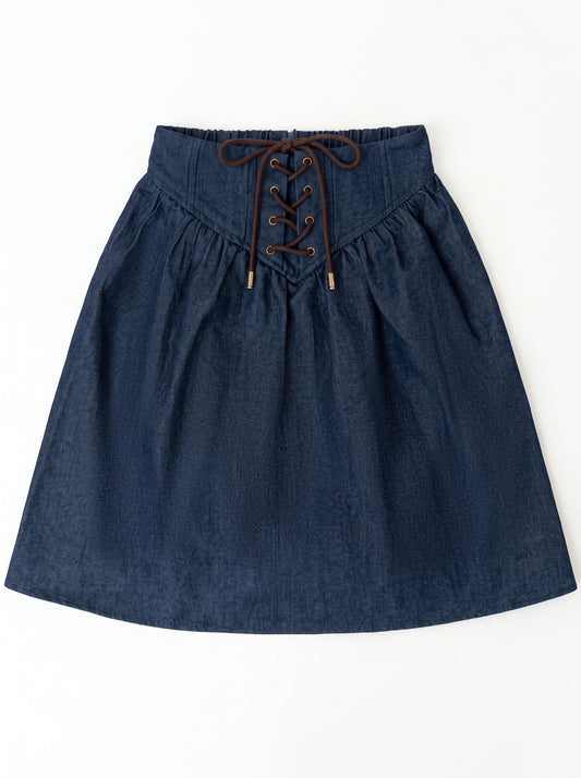 Lace-Up Denim Skirt - Blue
