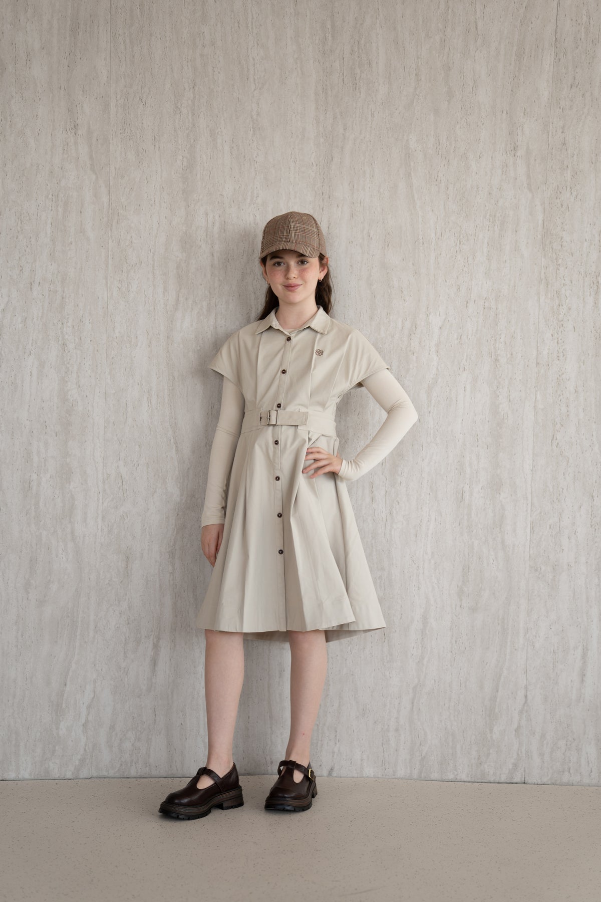 Cotton Cap-Sleeves Dress - Stone