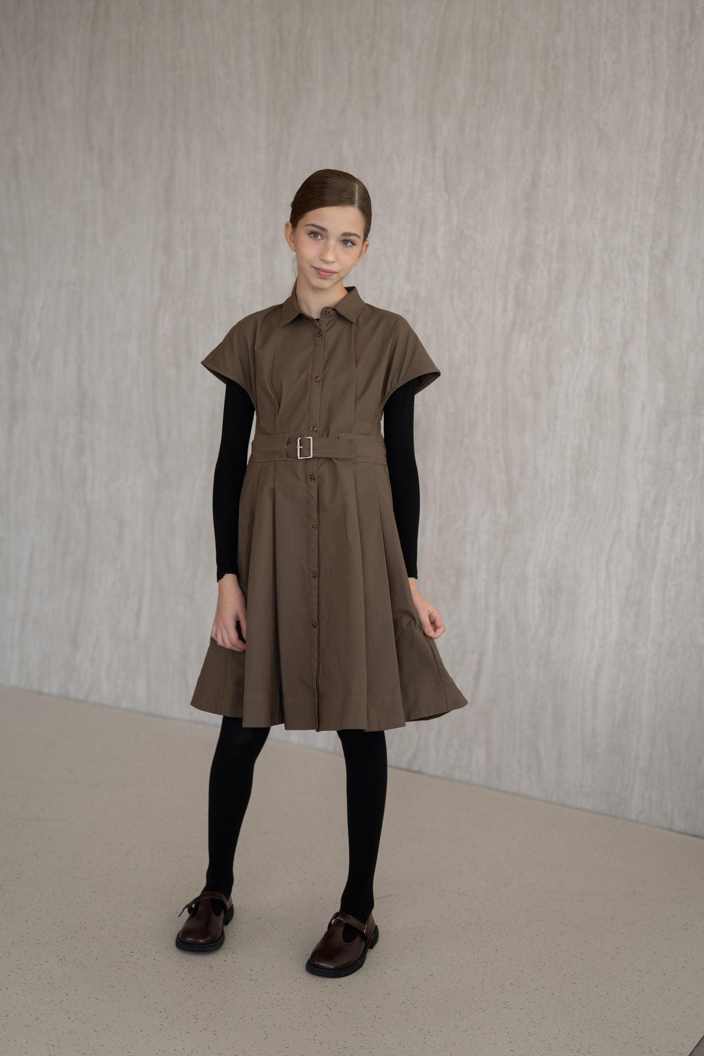 Cotton Cap-Sleeves Dress - Brown