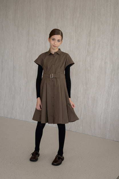 Cotton Cap-Sleeves Dress - Brown