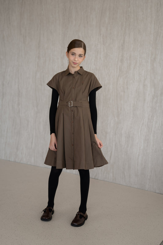 Cotton Cap-Sleeves Dress - Brown