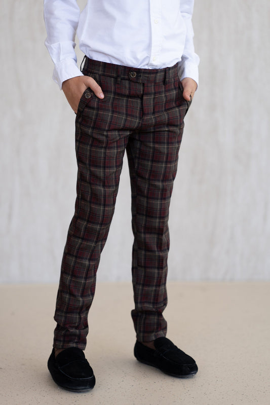 Textured Checkered Trousers - Burgundy