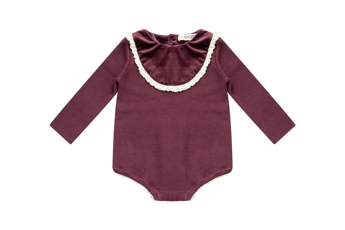 Velvet With Lace Romper - Burgundy