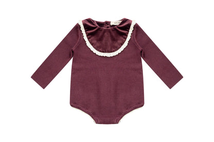 Velvet With Lace Romper - Burgundy
