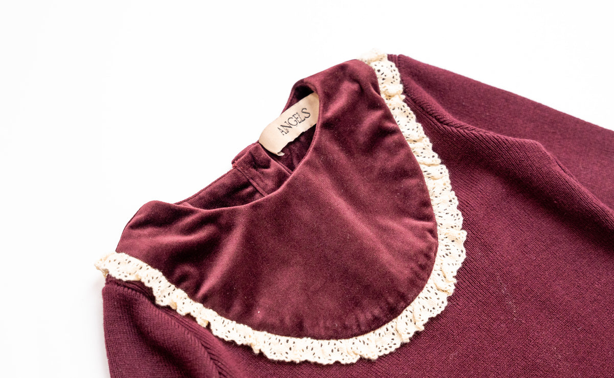 Velvet With Lace Romper - Burgundy