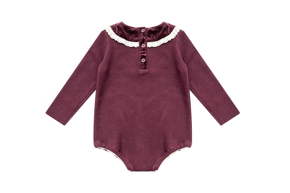 Velvet With Lace Romper - Burgundy