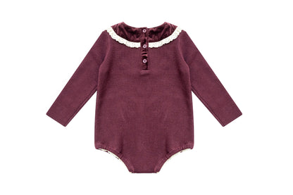 Velvet With Lace Romper - Burgundy