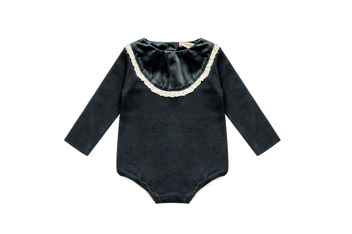 Velvet With Lace Romper - Black