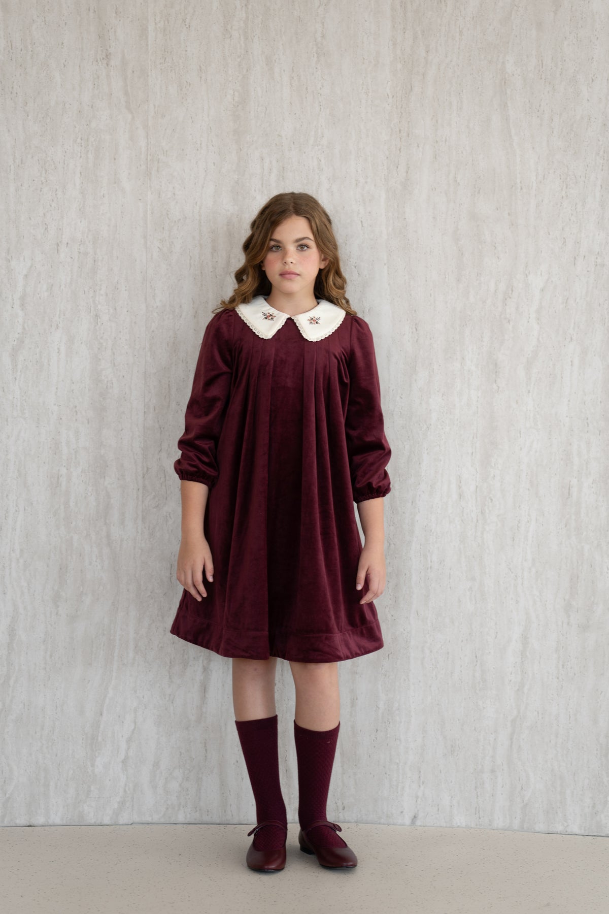 Velvet Peter Pan Dress - Burgundy