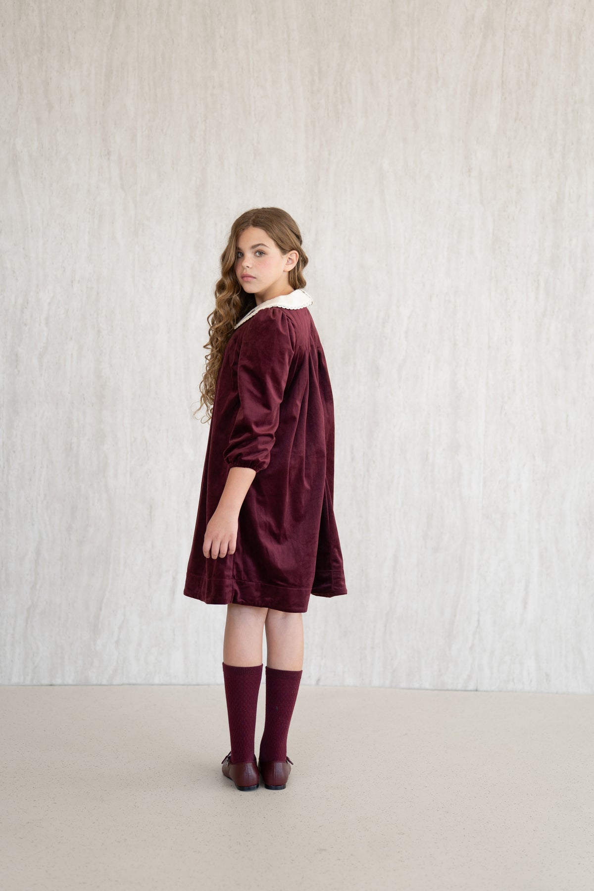 Velvet Peter Pan Dress - Burgundy