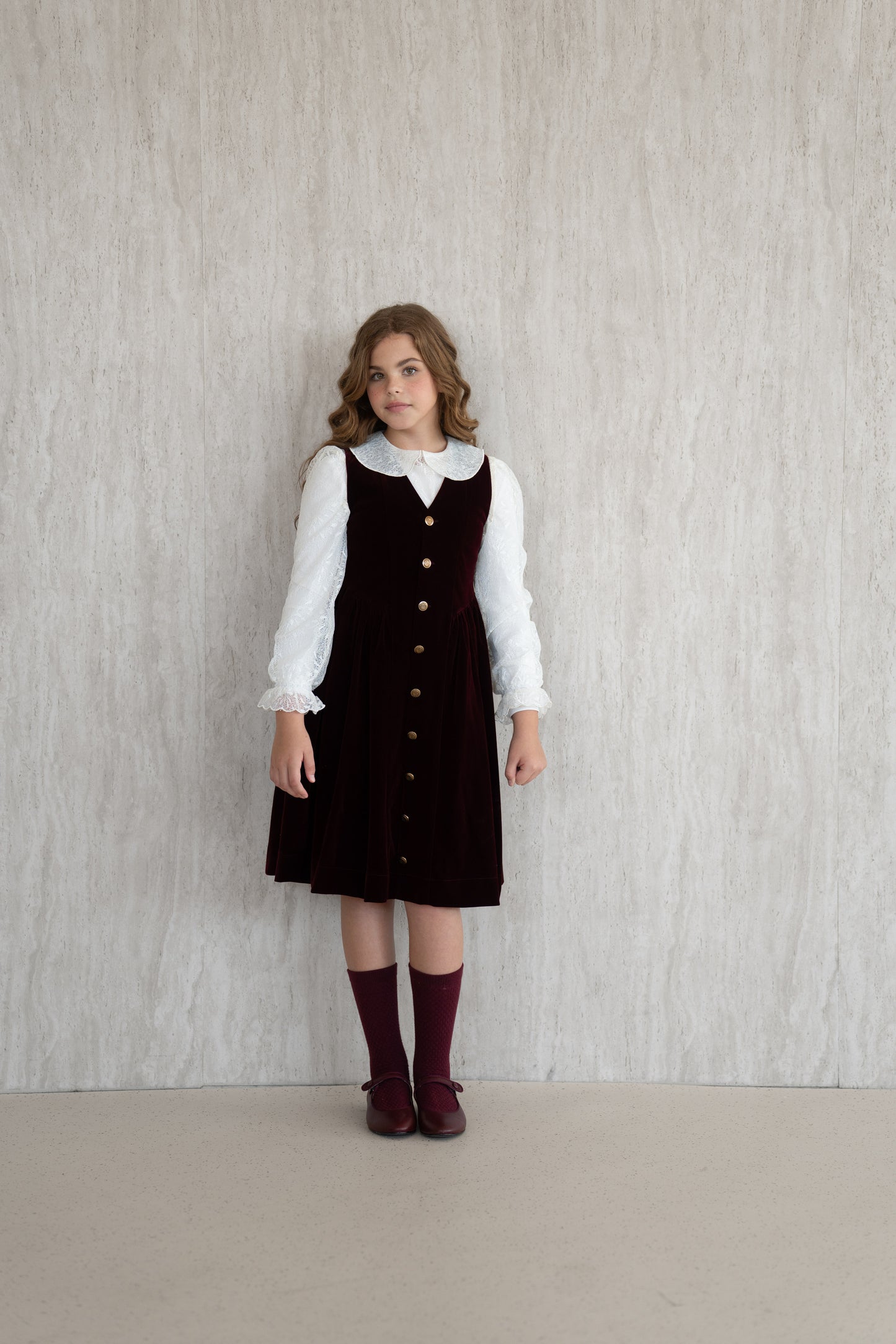 Velvet Button-Front Pinafore - Burgundy