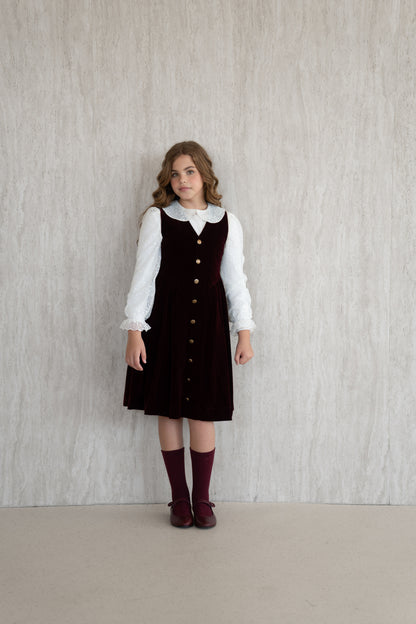 Velvet Button-Front Pinafore - Burgundy