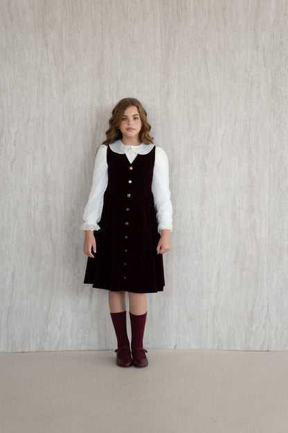 Velvet Button-Front Pinafore - Burgundy