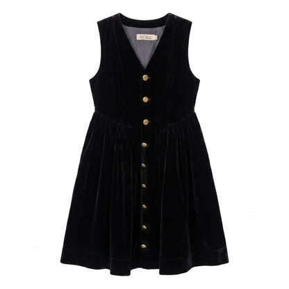 Velvet Button-Front Pinafore - Black