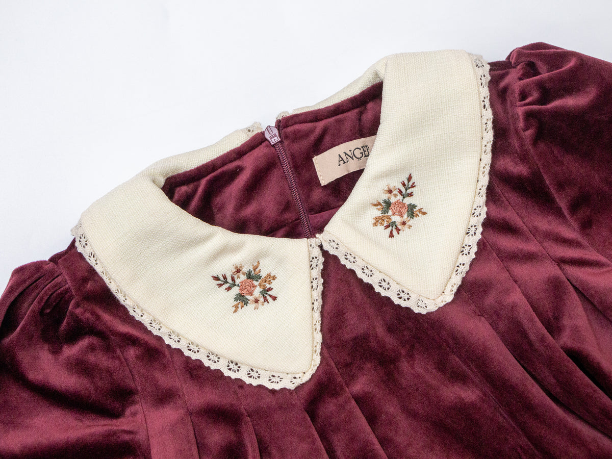 Velvet Peter Pan Dress - Burgundy