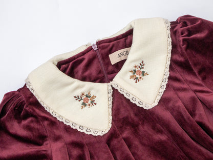 Velvet Peter Pan Dress - Burgundy