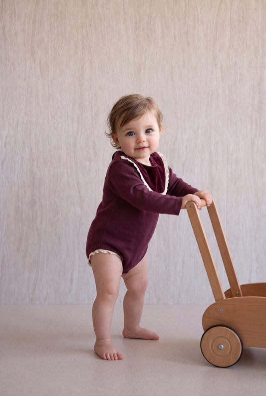 Velvet With Lace Romper - Burgundy