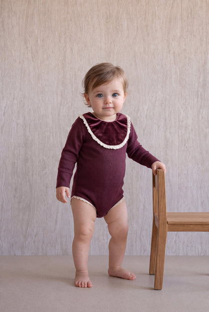 Velvet With Lace Romper - Burgundy