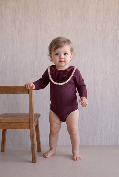 Velvet With Lace Romper - Burgundy
