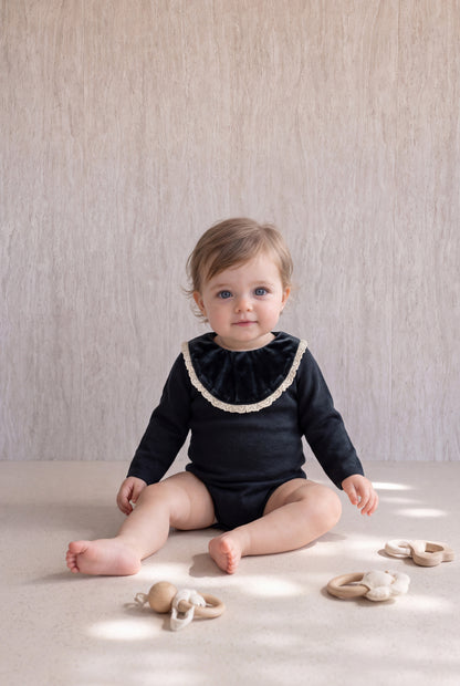 Velvet With Lace Romper - Black