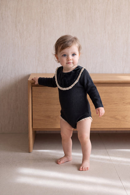 Velvet With Lace Romper - Black