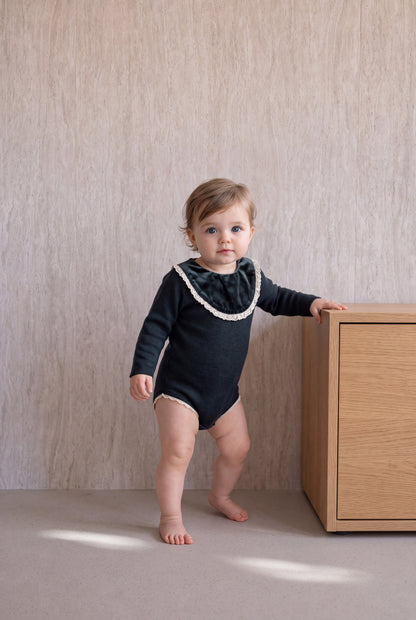 Velvet With Lace Romper - Black