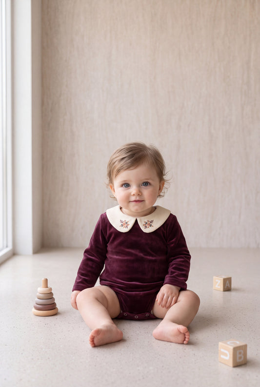 Velvet Peter Pan Romper - Burgundy