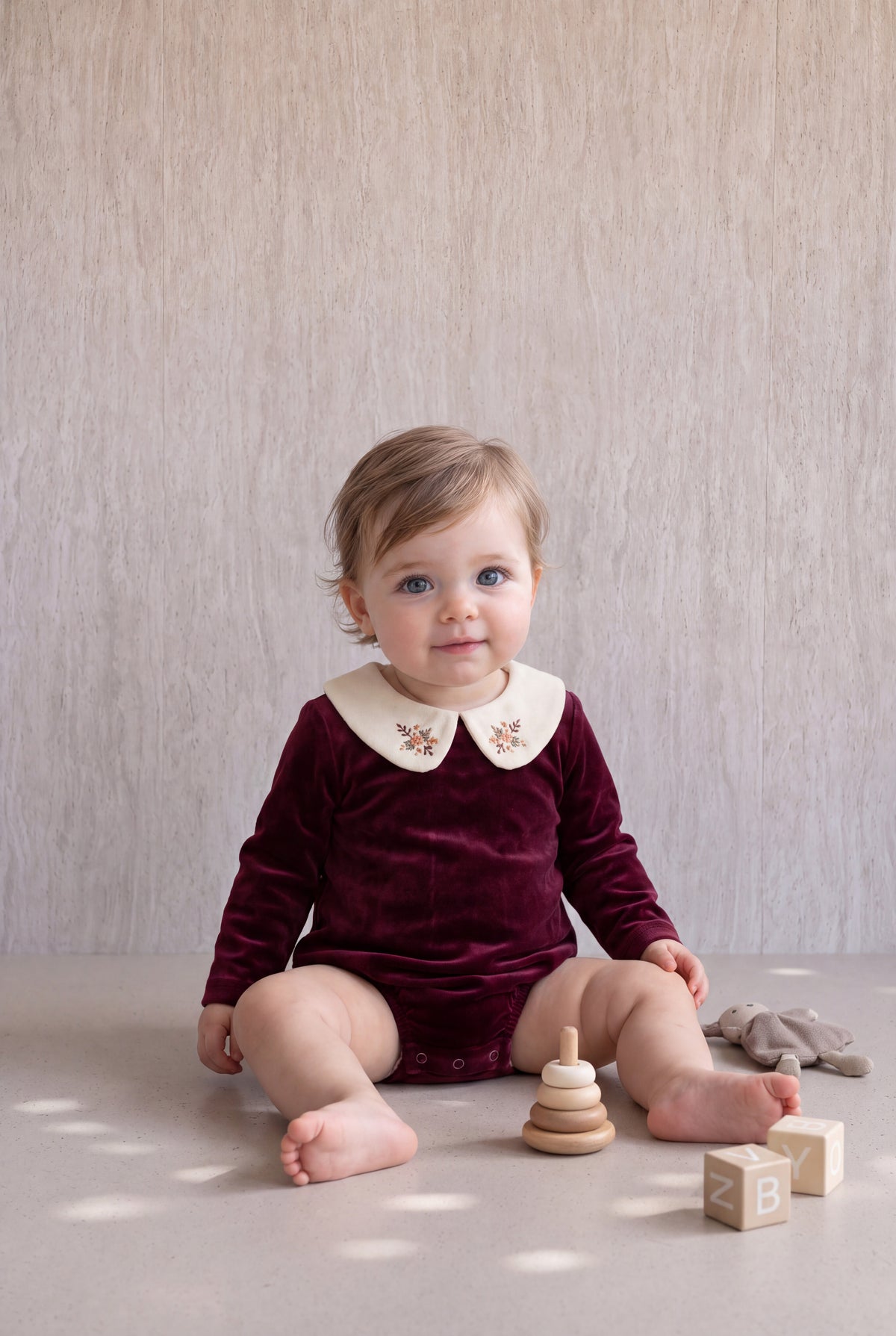 Velvet Peter Pan Romper - Burgundy