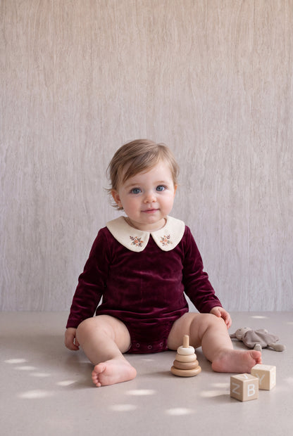 Velvet Peter Pan Romper - Burgundy