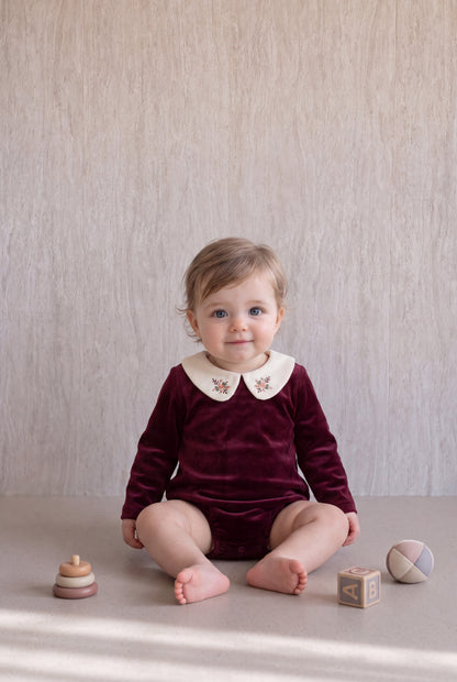 Velvet Peter Pan Romper - Burgundy