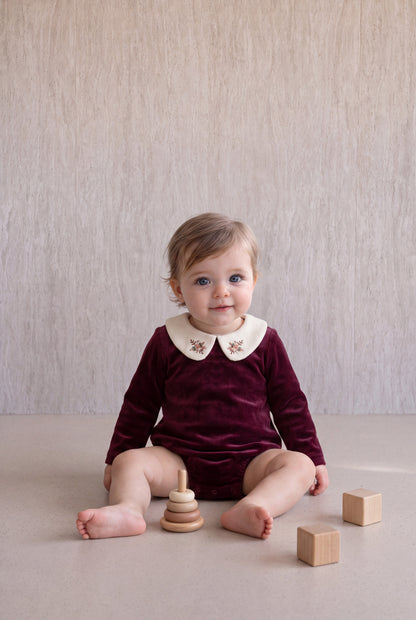 Velvet Peter Pan Romper - Burgundy