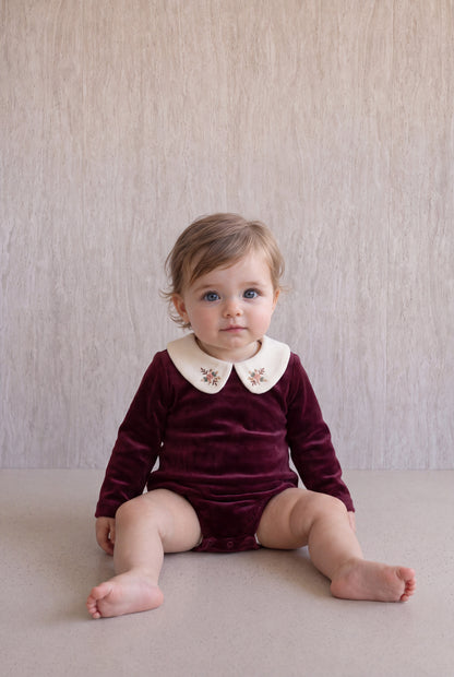 Velvet Peter Pan Romper - Burgundy