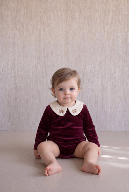 Velvet Peter Pan Romper - Burgundy