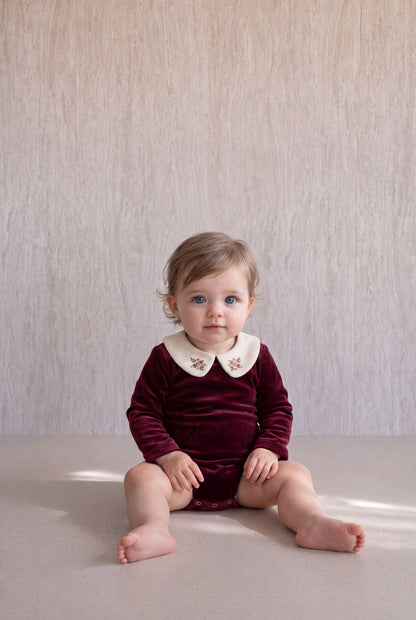 Velvet Peter Pan Romper - Burgundy