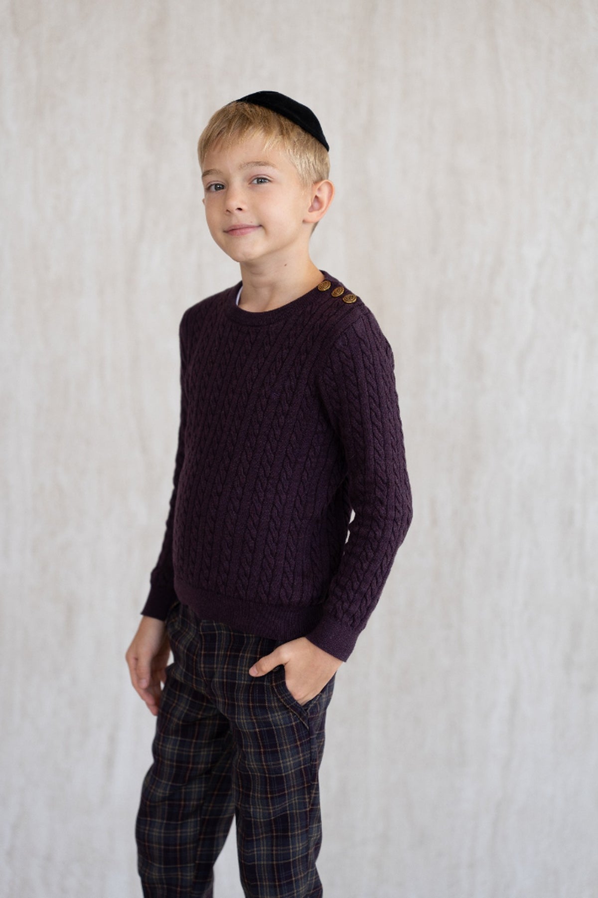 Cable-Knit Button Sweater - Burgundy